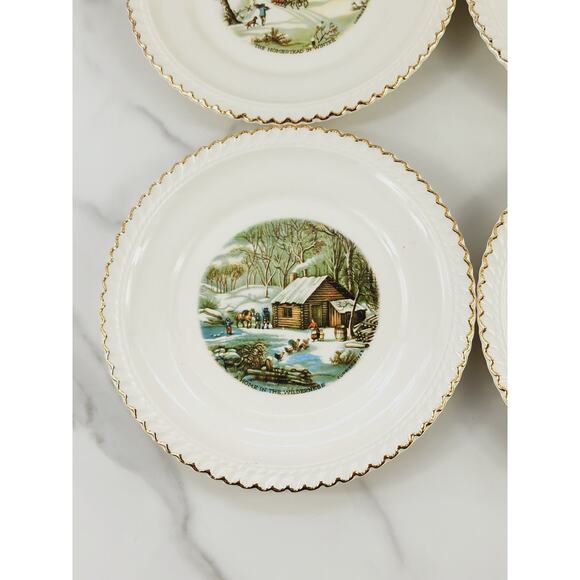 Harkerware Bread Plate Currier & Ives 6 1/4" Countryside Winter Scene USA x 5 - Picture 5 of 16